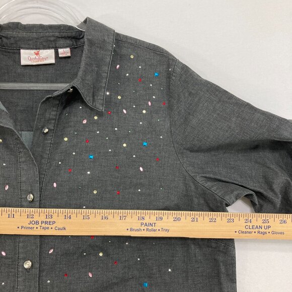 Quacker Factory Large Gray Embellished Long Sleeve Relaxed Button Down Festival - Picture 6 of 10